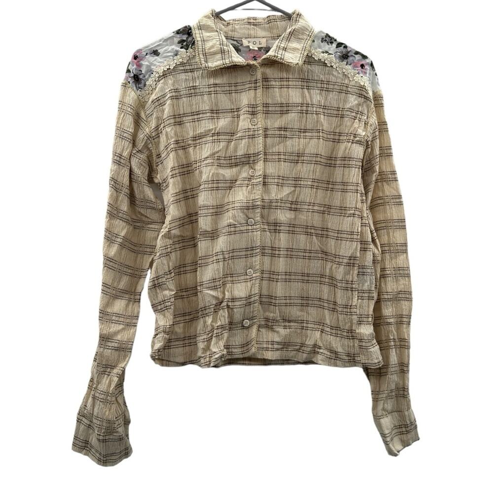 POL Cream Multicolor Floral Cotton‎ Long Sleeve Button Down Shirt Size S